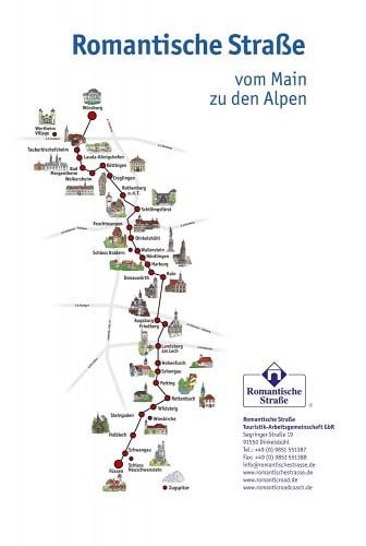 Map of the Romantic Road in Germany. (Romantische Strasse)