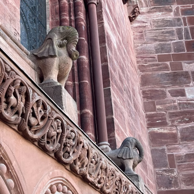 Elephants on the eastern choir Rhine side of the exterior of Basel Minster (Basler Münster) in Switzerland