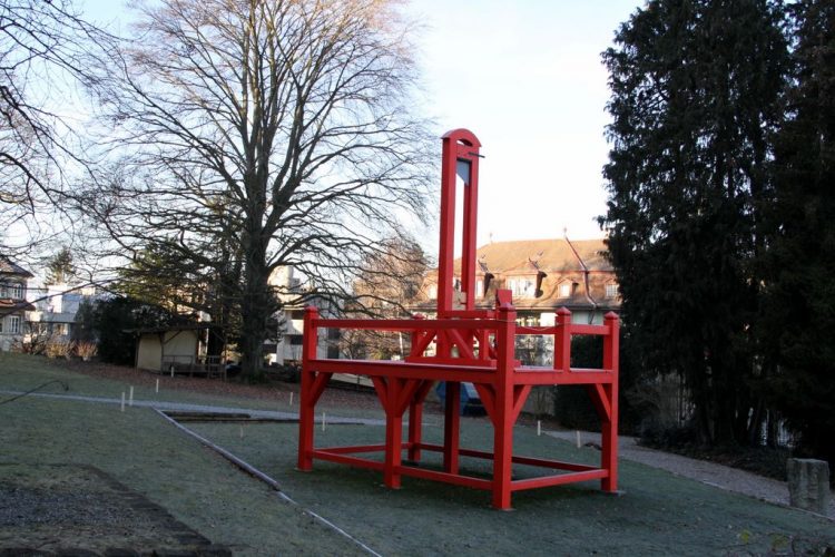 A guillotine erected in the gardens of the Historisches Museum Bern