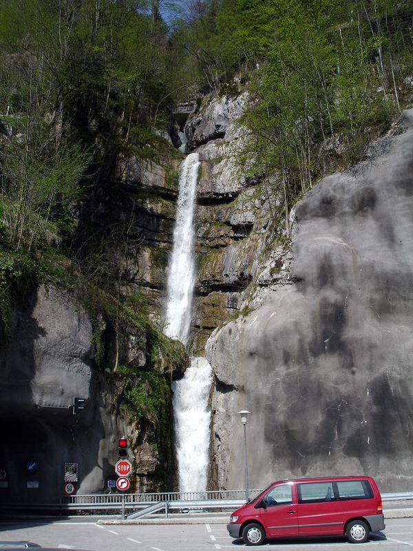 Parking Deck and Mühlbach Waterfall in Hallstatt