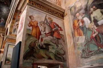 Fresco of St George slaying the dragon in the Nuns' Choir of San Salvatore in Brescia