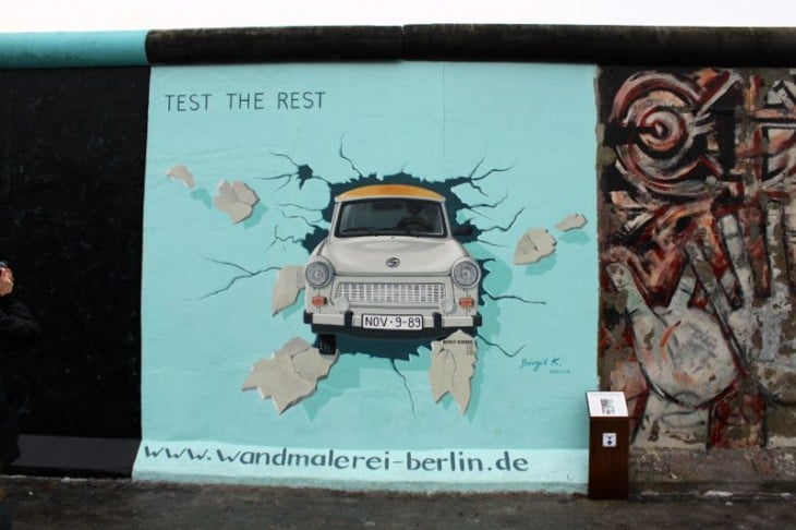 Trabi Car Crashing through the Berlin Wal Painting