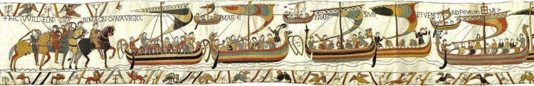 Here Duke William in a great fleet crossed the sea and came to Pevensey