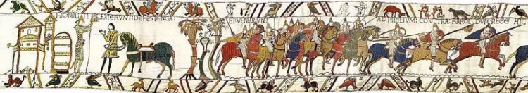 Here the knights have left Hastings and have come to the battle against King Harold