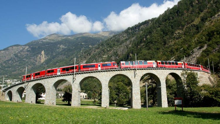 The Bernina Express crosses the famous Brusio Circular Viaduct