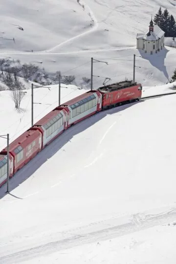 Glacier Express Train in Winter near Andermatt
