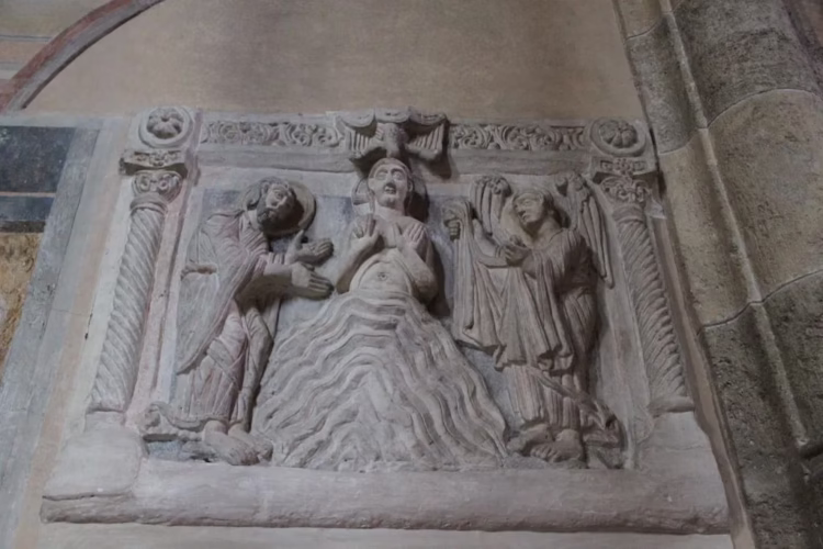 Romanesque high relief showing the baptism of Christ, Müstair