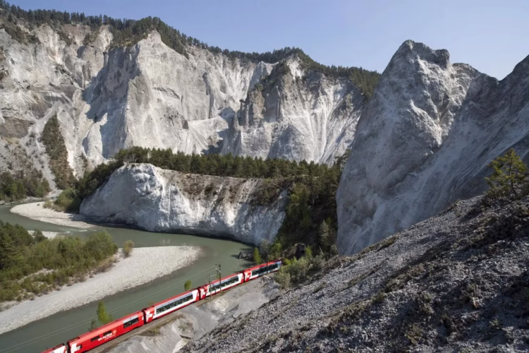 Glacier Express in the Rhine Gorge in Switzerland