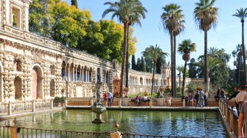 Pond of Mercury and Grotto Gallery in the gardens of the Real Alcazar in Seville