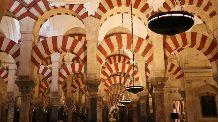 Horseshoe-shaped arches in the Mezquita in Cordoba