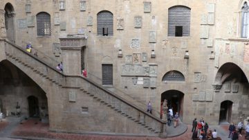 Courtyard and monumental staircase of the Bargello Museum in Florence