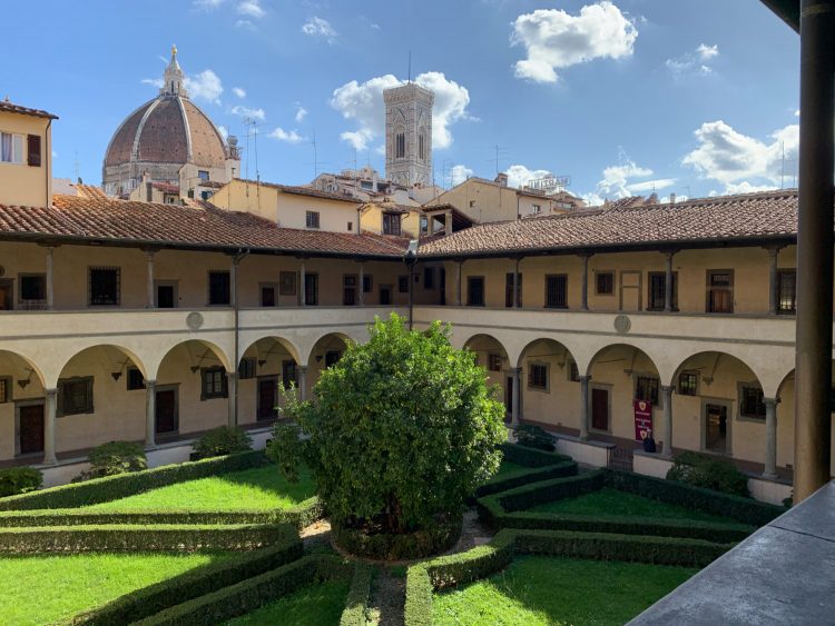 Duomo seen from the cloisters outside the Laurentian Medici Library (Biblioteca Medicea Laurenziana) in the San