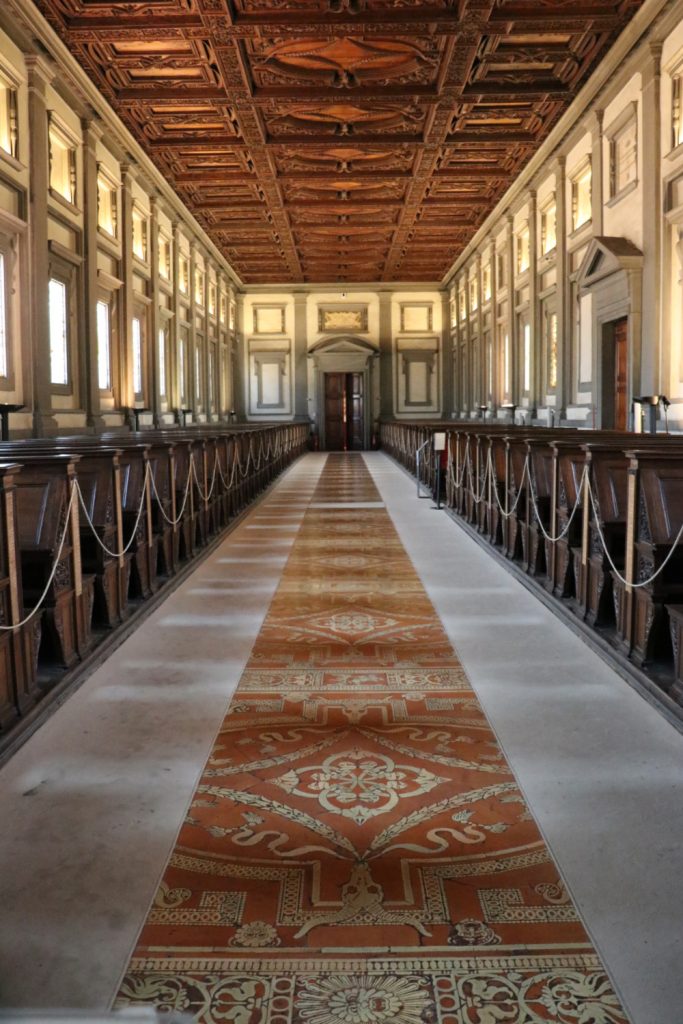 The reading room of the Laurentian Medici Library (Biblioteca Medicea Laurenziana) in the San Lorenzo complex in Florence