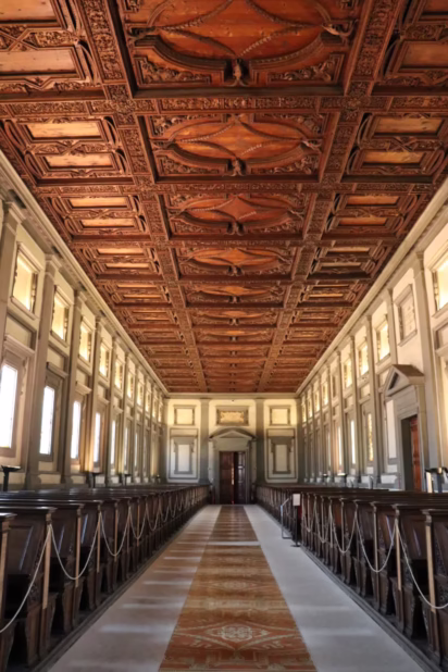 The reading room of the Laurentian Medici Library (Biblioteca Medicea Laurenziana) in the San Lorenzo complex in Florence