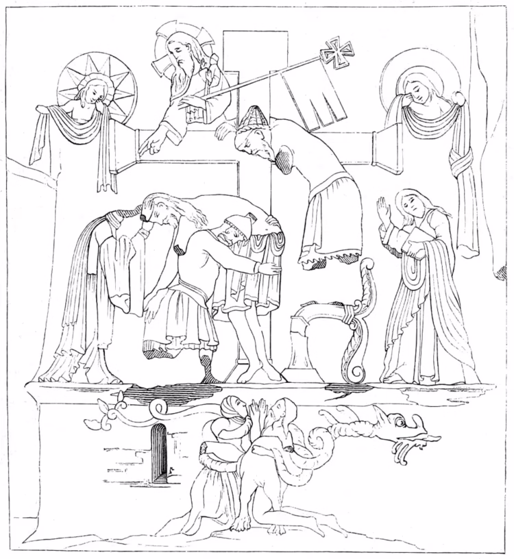 Drawing of the The relief carving Descent from the Cross (Kreuzabnahmerelief an den Externsteinen