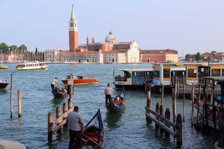 The Church of San Giorgio Maggiore is on a similarly named small island across the waters from the Piazza San Marco in Venice.
