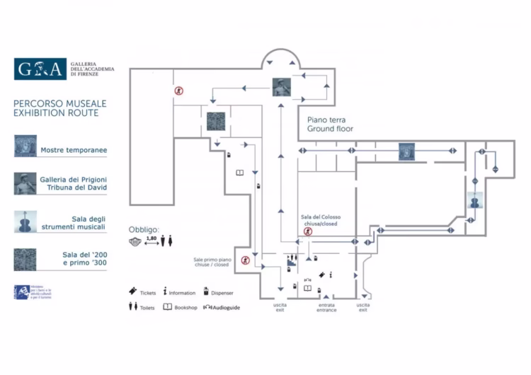 Floor Plan of the Accademia dell Arte in Florence showing the rooms open and compulsory visitors route.