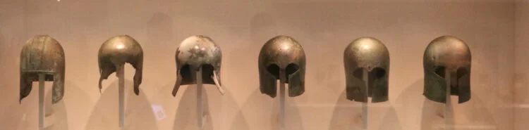 Greek Bronze Helmets on display in the Altes Museum in Berlin