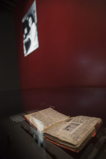 Diary room, with Anne Frank’s first, red chequered diary in the Anne Frank House Museum in Amsterdam
