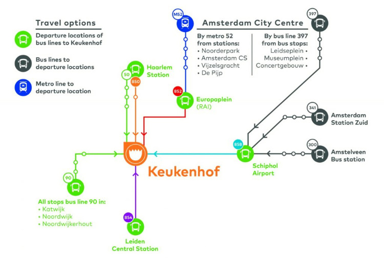 Public transportation options from Amsterdam and Schiphol Airport to Keukenhof in 2022