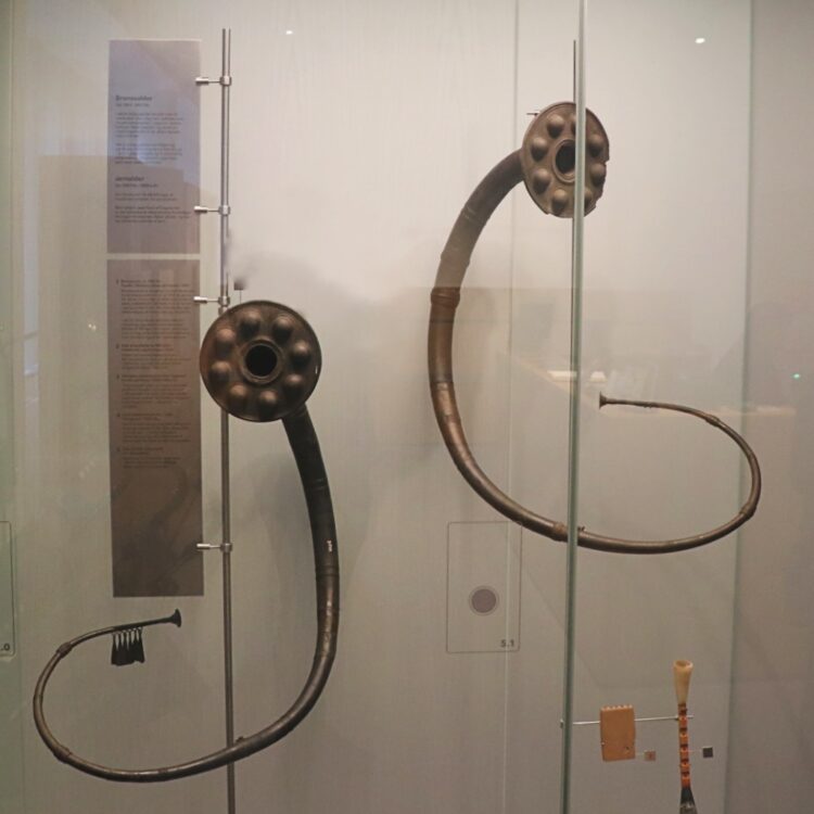 Copies of prehistoric lures in the Danish Music Museum in Copenhagen.