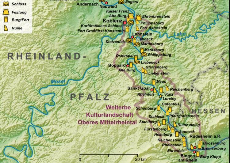 Map of the UNESCO World Cultural Heritage Listed Upper Middle Rhine area in Germany that is very popular for day-trip cruises