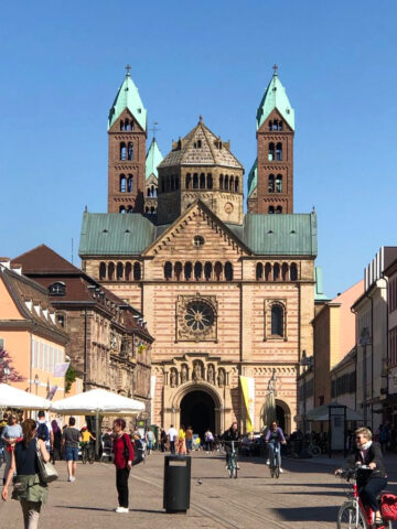 Western facade of Speyer Cathedral a popular sight on Rhine River boat cruises