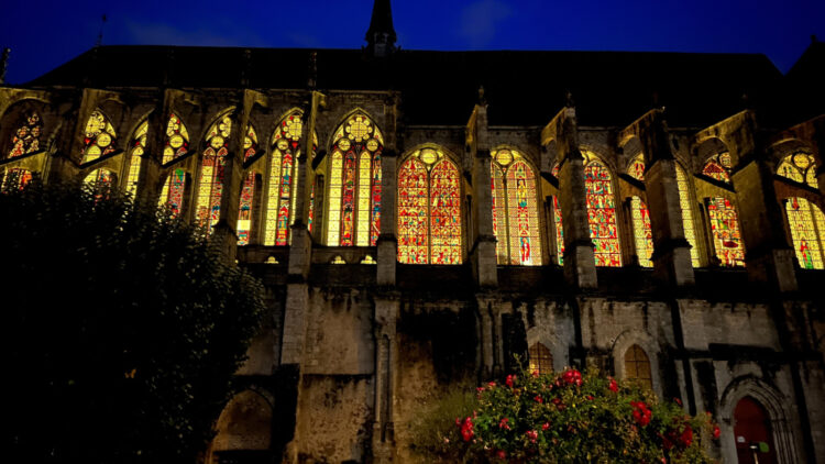 Stained-glass windows of St Pierre in Chartres at night