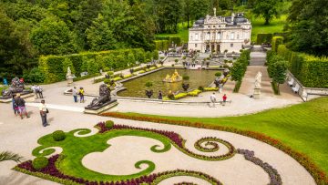 Schloss Linderhof, a fantasy castle of Bavarian King Ludwig, is a small, opulent palace in a park with fountains and a Venus grotto near Oberammergau and Ettal in the Alps in Germany.
