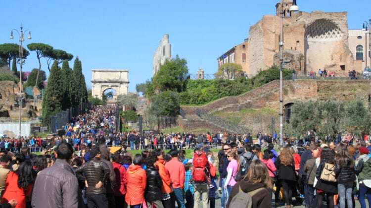 Crowds at the Roman Forum Entrance — the admission gate at the Palatine Hill is often quieter