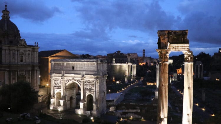 Roman Forum at Night Seen from the Capitoline Museums in Rome