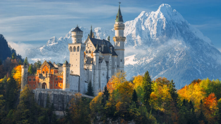 Trains and buses provide cheap public transportation all year for a day trip from Munich to the Schloss Neuschwanstein Castle in the Bavaria Alps in Germany.