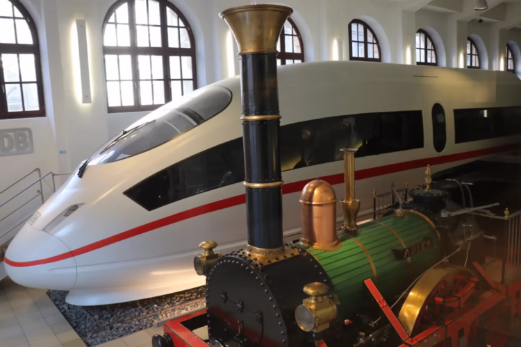 Adler and ICE-3 on display in the DB Museum (German Railways) in Nuremberg (Nürnberg), Germany.