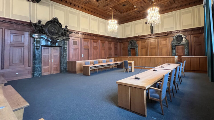 Nuremberg Courtroom 600 as seen on a visit to the Nuremberg Trials Memorial in 2023