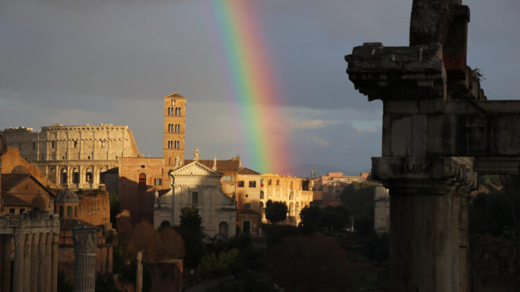 View of the Roman Forum with rainbow from the Capitoline Museums in Rome
