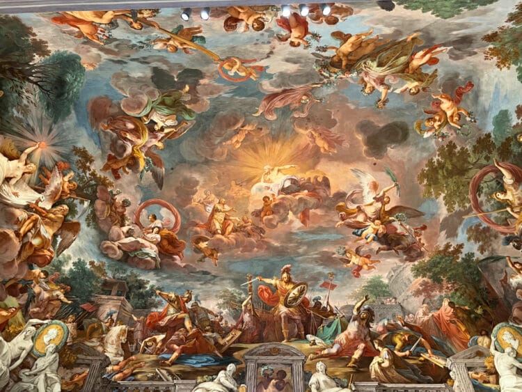 Ceiling fresco The Apotheosis of Romulus by Mariano Rossi in the Entrance Hall of the Borghese Gallery in Rome.