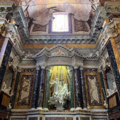 Bernini's daring Ecstasy of Saint Teresa in the Santa Maria della Vittoria Church in Rome is one of the best Baroque marble sculptures ever.