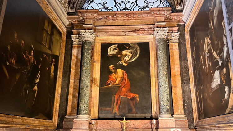 The cycle of three Caravaggio paintings of St Matthew may be seen for free in the Contarelli Chapel of San Luigi dei Francesi (Saint Louis of the French) church in Rome.