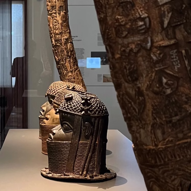 Bronze commemorative heads of kings and ivory relief carvings from Benin, 16th to 19th centuries. Weltmuseum Wien, Vienna