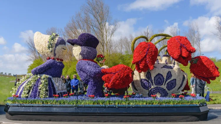 The Bloemencorso Bollenstreek is a colorful flower parade from Noordwijk to Haarlem in the tulip bulb fields region of the Netherlands -- visit Keukenhof only on tours on parade Saturday.
