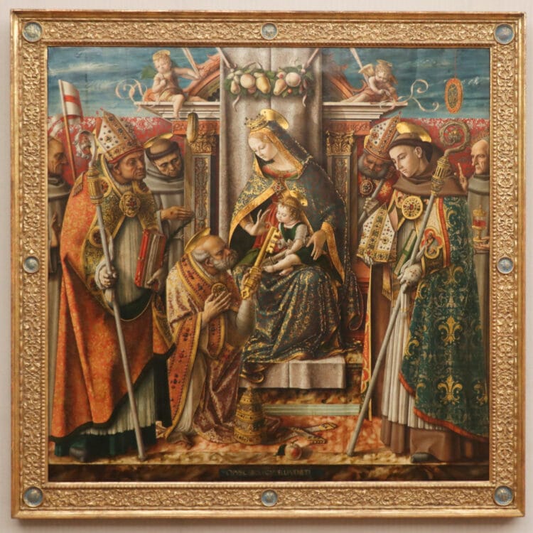 Carlo Crivelli: Mary enthroned with the child, the handing over of the keys to the Apostle Peter with the Saints Johannes Capistranus, Emidius, Francis, Louis of Toulouse, the Blessed Giacomo della Marca and a holy bishop (in the Gemäldegalerie in Berlin)