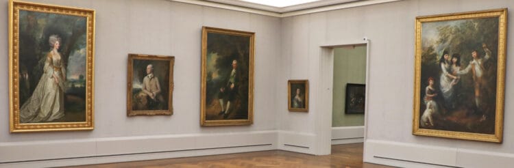 English highlights in the Gemäldegalerie: Paintings from left: Lady Sunderlin, 1786, by Sir Joshua Reynolds. All the other English paintings here are by Thomas Gainsborough: The Lawyer Joshua Grigby III, ca. 1760-65; John Wilkinson, ca. 1775; the painter's wife Margaret Gainsborough, geb. Burr, ca. 1758; go through the door to see the Vermeers; and The Marsham Children, ca. 1787.