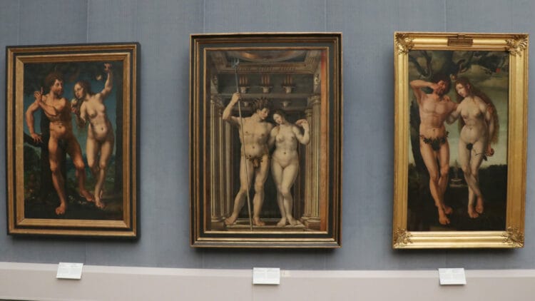 Jan Gossart’s large paintings of Neptune and Amphitrite (1516) in the center, Adam and Eve (left) (1525/30), and a copy (right)