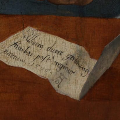 Note detail of Dürer's Die Madonna mit dem Zeisig in the Gemäldegalerie in Berlin