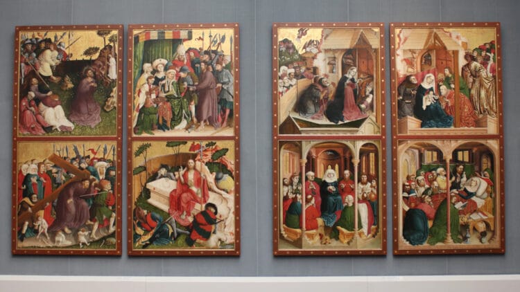 Flügel des Wurzacher Altars / Wings of the Wurzach Altar (1437) by Hans Multscher. It has four scenes from the life of Mary and four from the Passion of Christ. Gemäldegalerie in Berlin