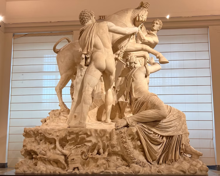 Farnese Bull seen from the left side in the Naples Archaeological Museum