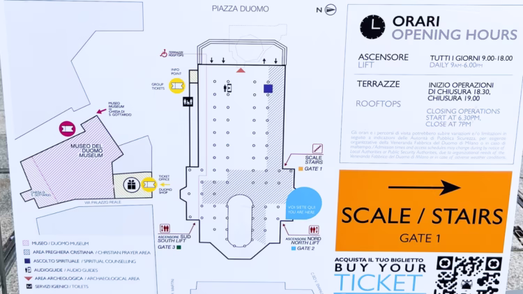 Tickets for Milan Cathedral usually specify which entrance to use otherwise check the floor plan maps posted at the Duomo.