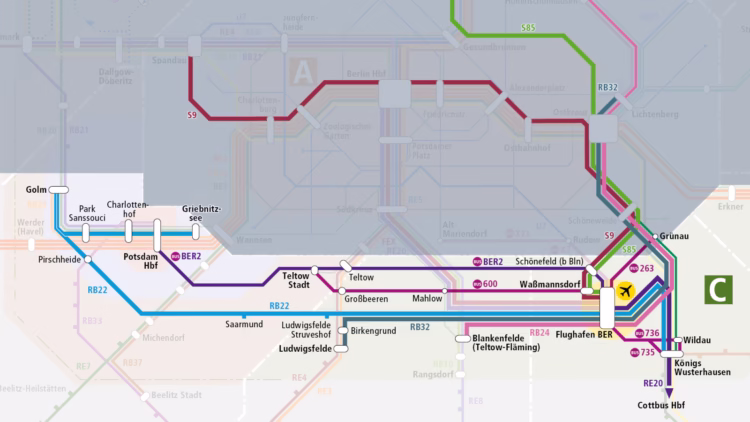 2026 Map for Train and Bus from Potsdam to Berlin Brandenburg Airport