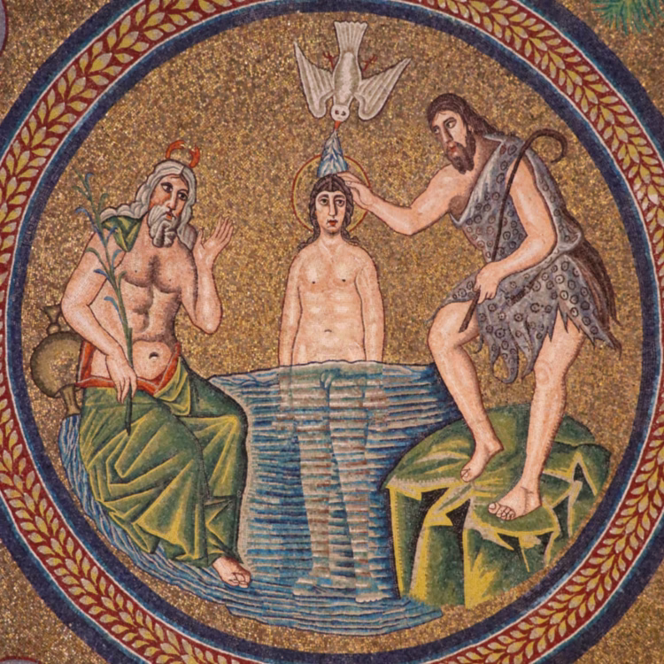 Mosaic of the baptism of Christ on the dome of the Arian Baptistery in Ravenna