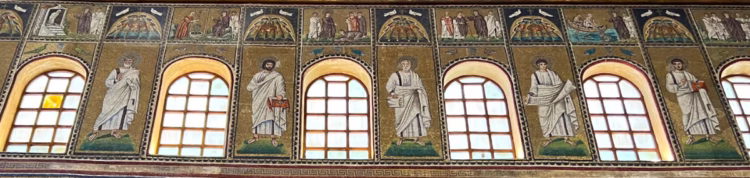 The middle band shows biblical figures (prophets) alternating with windows.